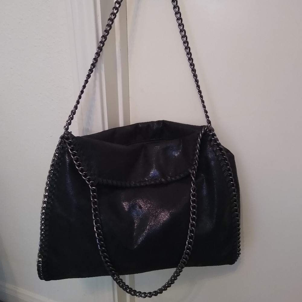 Edgy black vegan slouchy purse with chains